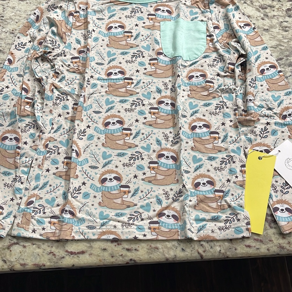 Sloth Print Kids Bamboo Pocket Tee New